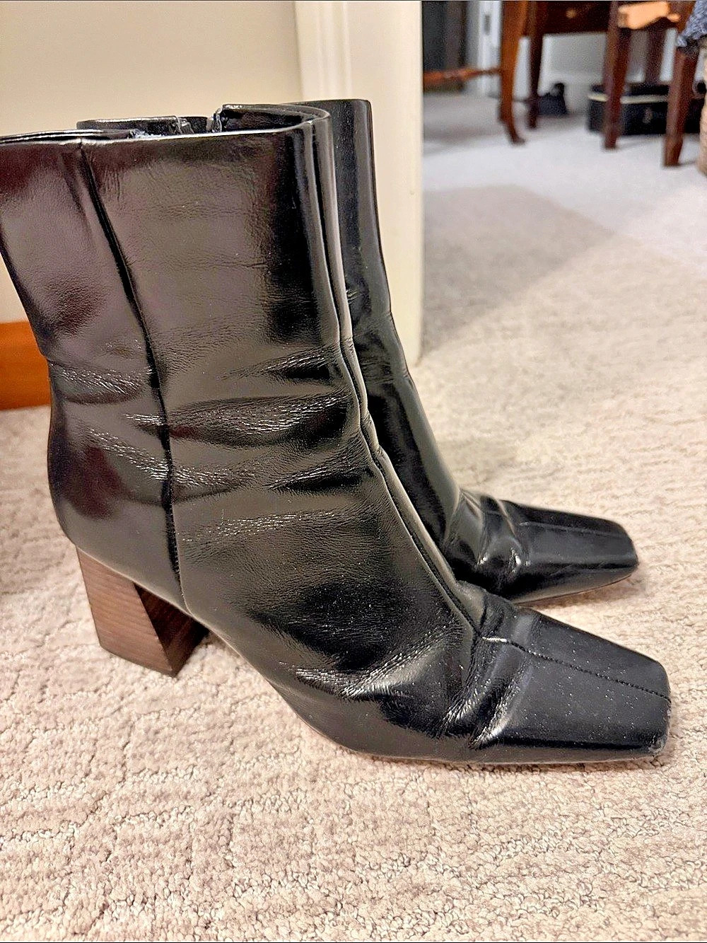 Intentionally Blank Black Leather Square Toe Heeled Boots